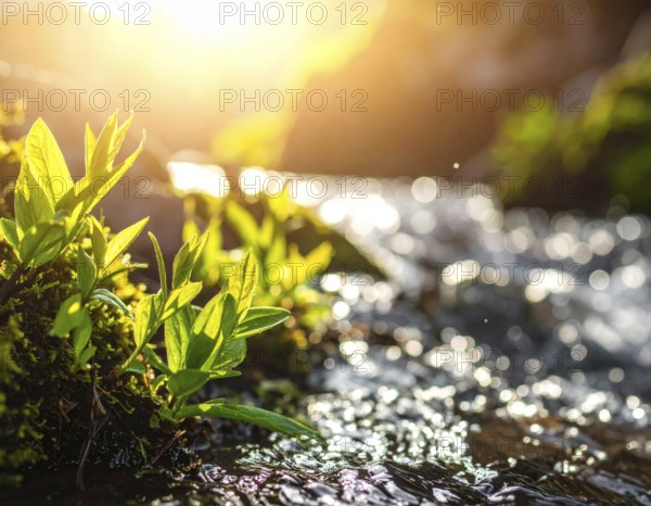 Beautiful spring detailed stream of fresh water, vibrant blooming young green plants, wallpaper