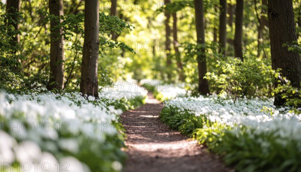 A tranquil forest path lined with white flowers, surrounded by tall trees and bathed in soft