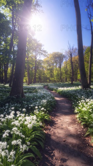 A tranquil forest path lined with white flowers, surrounded by tall trees and bathed in soft
