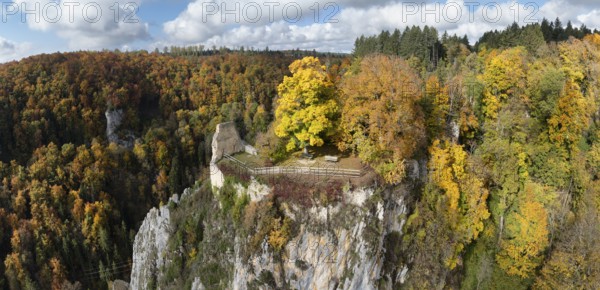 Aerial view, panorama from the viewpoint, shovels and Hausen Castle, also known as the Hausen