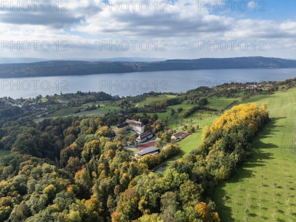 Aerial view of Lake Constance, Überlinger See, surrounded by autumn vegetation with Spetzgart