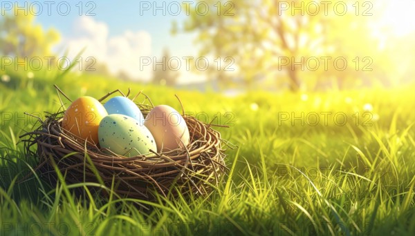 Nest with easter eggs in a basket on grass, sunny spring day, fresh beautiful landscape at