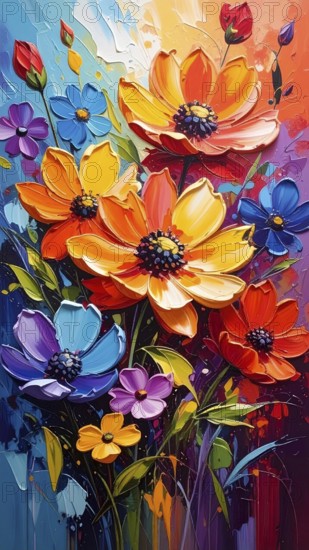 Closeup of abstract rough colorful multicolored organic floral spring flowers art painting texture,