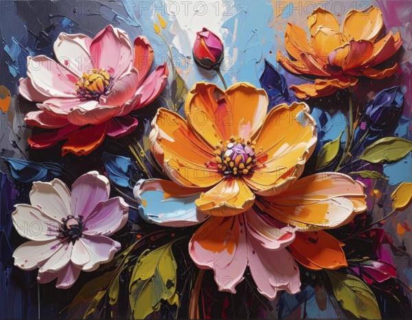 Closeup of abstract rough colorful multicolored organic floral spring flowers art painting texture,