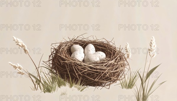 Nest with easter eggs in grass on a sunny spring day, Easter wallpaper decoration drawing, banner,