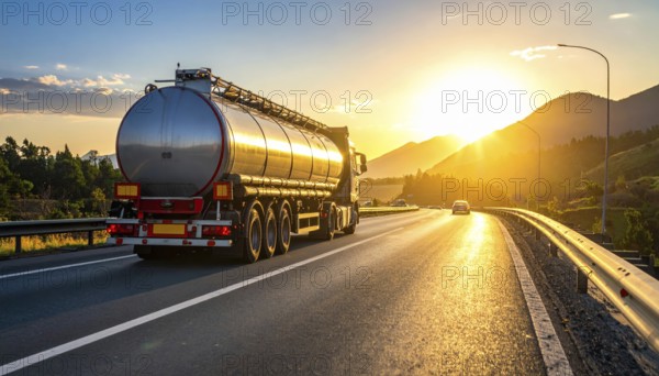 Petrol cargo truck lorry tanker driving on highway hauling oil products at sunrise, wide hilly