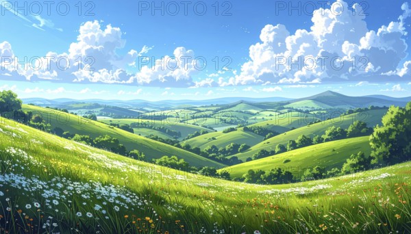 Fresh summer hilly Landscape with blooming Meadow, green plants, Blue Sky with cloudy sky, serene