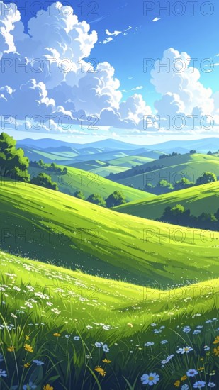 Fresh summer hilly Landscape with blooming Meadow, green plants, Blue Sky with cloudy sky, serene