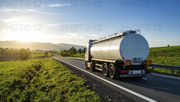 Petrol cargo truck lorry tanker driving on highway hauling oil products at sunrise, wide hilly