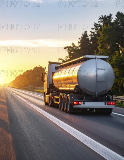 Petrol cargo truck lorry tanker driving on highway hauling oil products at sunrise, wide hilly