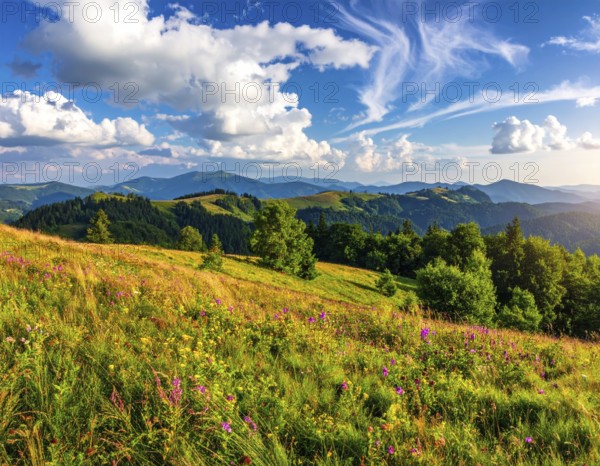 Fresh summer hilly Landscape with blooming Meadow, green plants, Blue Sky with cloudy sky, serene