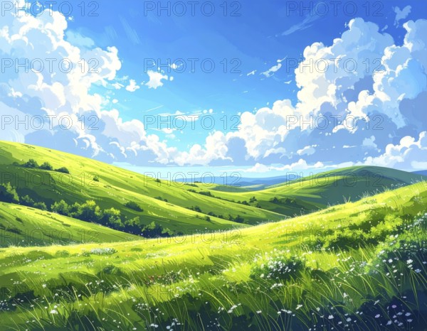 Fresh summer hilly Landscape with blooming Meadow, green plants, Blue Sky with cloudy sky, serene