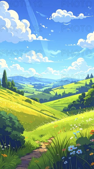 Fresh summer hilly Landscape with blooming Meadow, green plants, Blue Sky with cloudy sky, serene