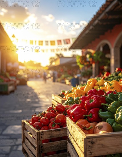 Traditional Mexican plaza with crates of peppers, onions, and tomatoes, economic prosperity in