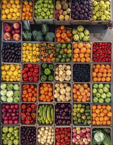 Fresh fruits and vegetables in a market display, aerial view perpendicular top down, healthy eating