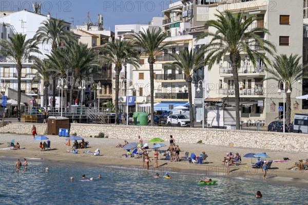 View of the beach and old town of Jávea or Xàbia, Alicante Province, Comunidad Valenciana, Spain