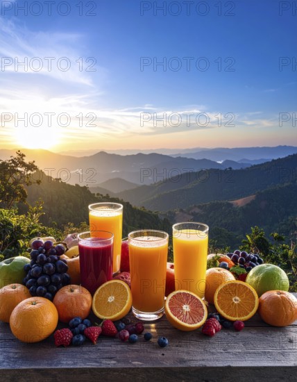 Fresh fruit juices in glasses, surrounded by colorful fruits, showcasing healthy drinking and
