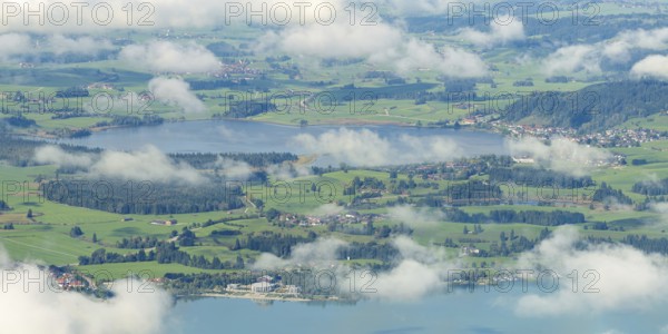 Panorama from Tegelberg, 1881m, of Hopfensee, in front of Lake Forggensee, Ostallgäu, Bavaria,