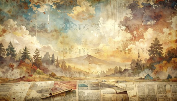 Grunge old public newspaper, texture background wallpaper illustration, vintage tattered yellow