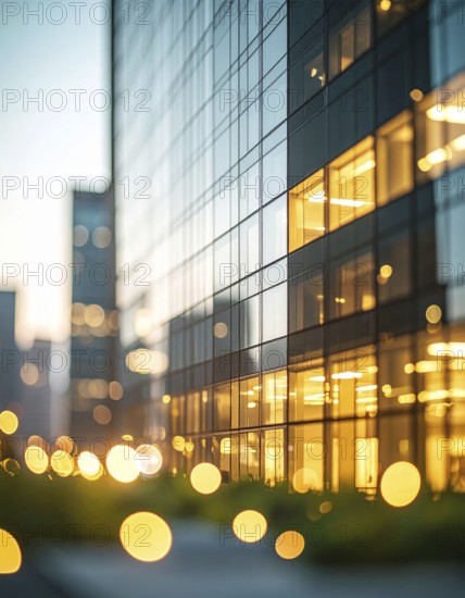 Modern building reflecting sunset light at dusk. Abstract Futuristic Business Background, AI