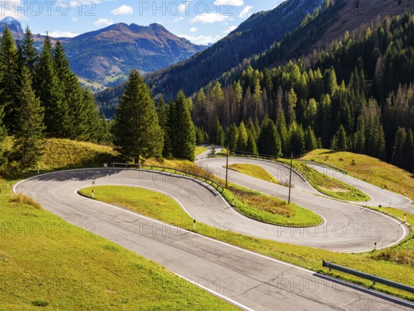 Pass road with many hairpin curves, Dolomite Road, Passo Pordoi, Dolomites, Alps, Belluno province,