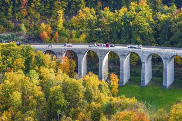 Todsburg bridge on the A8 motorway near Mühlhausen. Alpine climb to the Swabian Jura in autumn. The