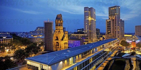 Bikini Berlin with Kaiser Wilhelm Memorial Church from an elevated position in the evening,