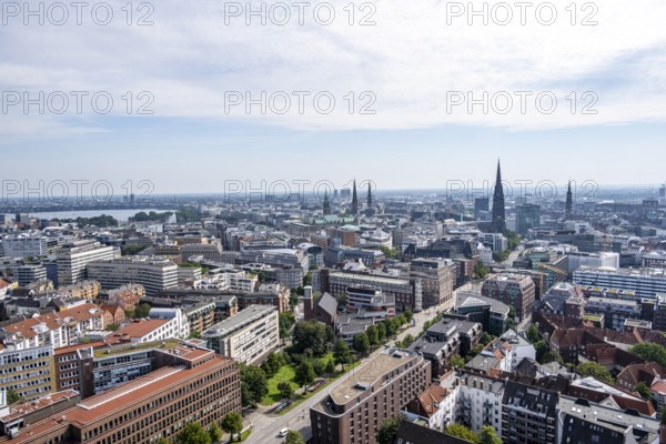 City view, view over the city with church towers and town hall tower, from the tower of St