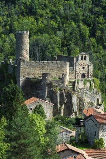 Saint Andre de Chalencon village. Castle and Chapel of Chalencon. Haute Loire. Auvergne Rhone Alpes