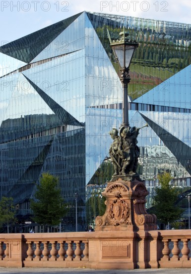 Historic Moltkebrücke with modern Cube Berlin, cube-shaped office building with glass façade