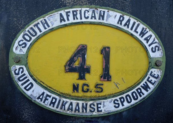 Plaque South African Railways on the historic steam locomotive no. 41 from 1912, manufacturer