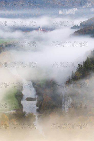 View of Benedictine monastery Beuron, Archabbey of St. Martin, Danube, river, limestone rock, rock