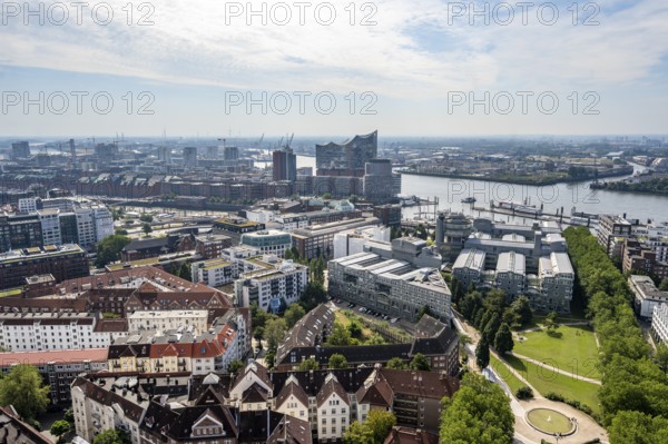 City view, view of the Elbe with Elbphilharmonie, from the tower of St Michael's Church, Hamburg,