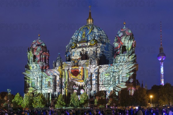Berlin Cathedral with television tower, 21st BERLIN FESTIVAL OF LIGHTS, motto Let's Shine Together,