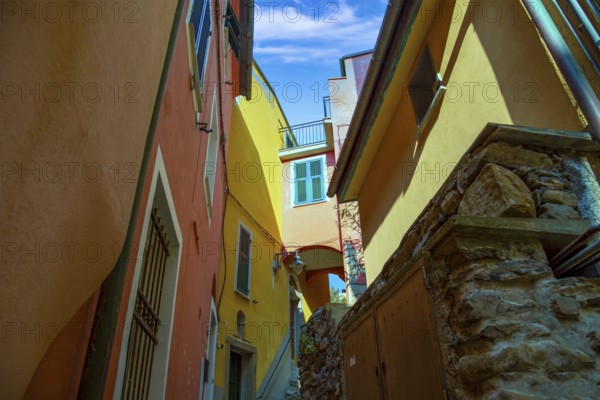 Manarola colorful rustic buildings in historic city center, Italy, Cinque Terre