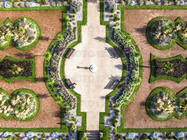 Top Down view over Italian Garden in Abbey Park from drone, Torquay, Torbay, Devon, England, United