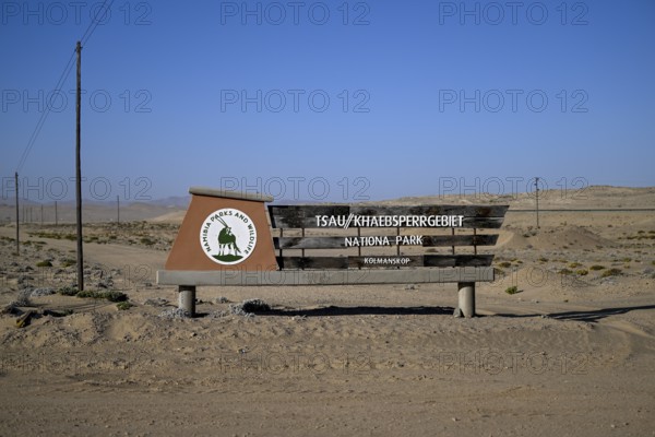 Sign at the entrance to Tsau//Khaeb National Park, near Kolmanskop, diamond restricted area, Karas