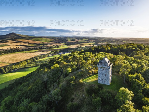 Fatlips Castle from a drone, Minto Crags, River Teviot, Roxburghshire, Scottish Borders, Scotland,