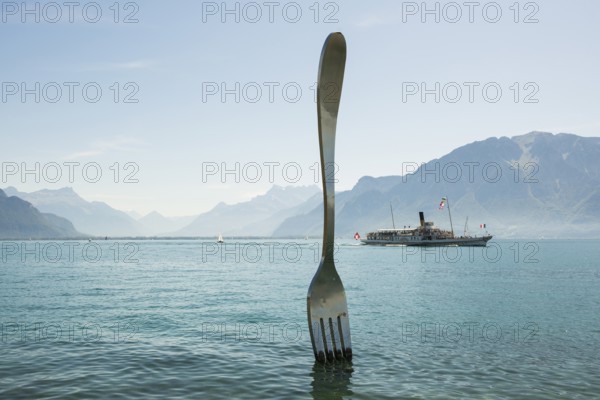 La Fourchette, the fork, sculpture by Jean-Pierre Zaugg, Vevey, Lake Geneva, Lac Léman, Canton of