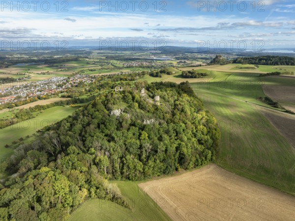 Aerial view of the Hegau volcano and the Mägdeberg castle ruins, with the Hohenkrähen and Lake