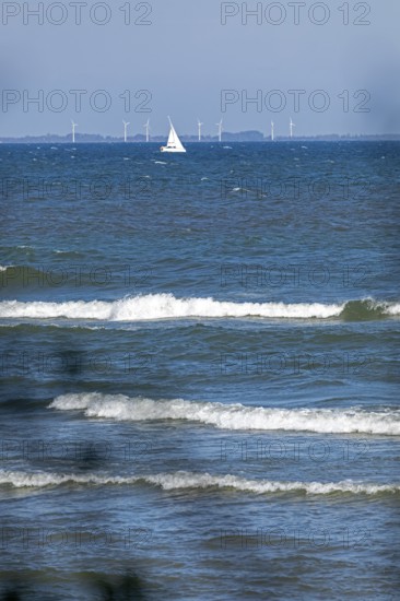 Sailboat, waves, swell, Baltic Sea, Geltinger Birk nature reserve, Nieby, Schleswig-Holstein,