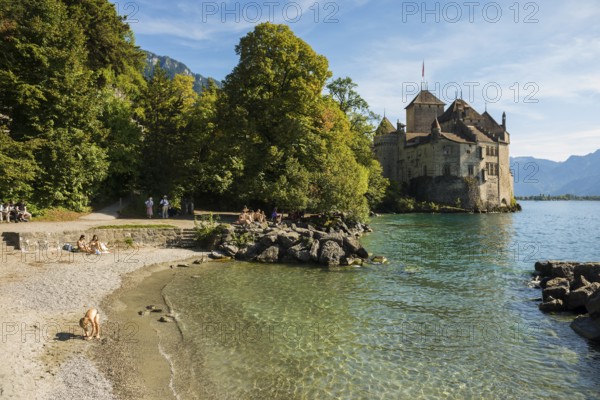 Bathing beach, Château de Chillon, Chillon Castle, near Montreux, Lake Geneva, Lac Léman, Canton