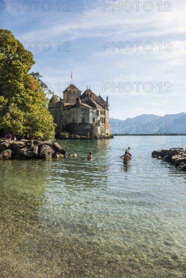 Bathing beach, Château de Chillon, Chillon Castle, near Montreux, Lake Geneva, Lac Léman, Canton