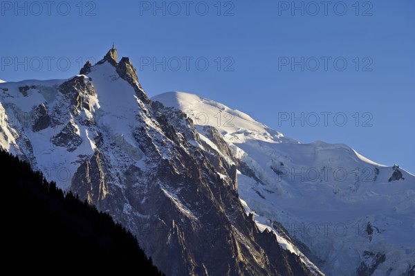 From left snow-covered Aiguille du Midi, Mont-Blanc, Vallot Hut, Chamonix-Mont-Blanc, Haute-Savoie,