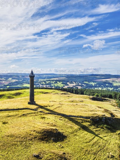 Waterloo Monument over Scottish fields and farms from a drone, Jedburgh, Scotland, UK