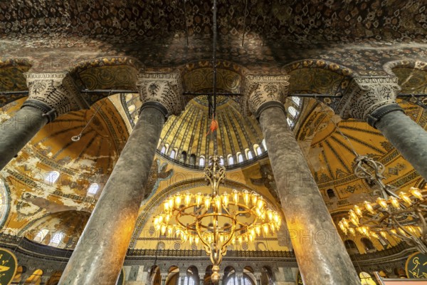 Columns in the interior of today's Hagia Sophia mosque or Church of St Sophia, former Byzantine
