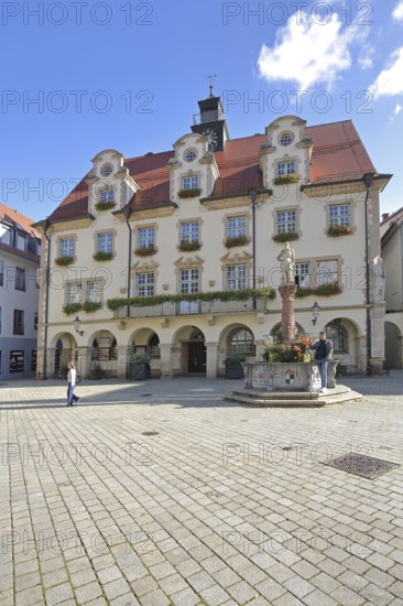 Town hall built in 1927 with dormer windows and market fountain, half-timbered house, Sigmaringen,
