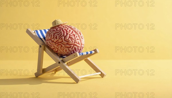 Brain relaxes on a sunbed under the summer sun, placed on a flat surface, symbol for mental health,