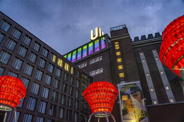 Illuminated sculptures of Dortmund roses in front of Dortmund's landmark U, Centre for Art and