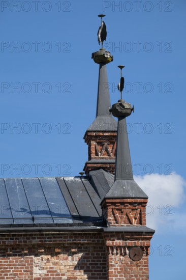 Gables with iron spires, former paper factory and mill for the production of groundwood pulp board,